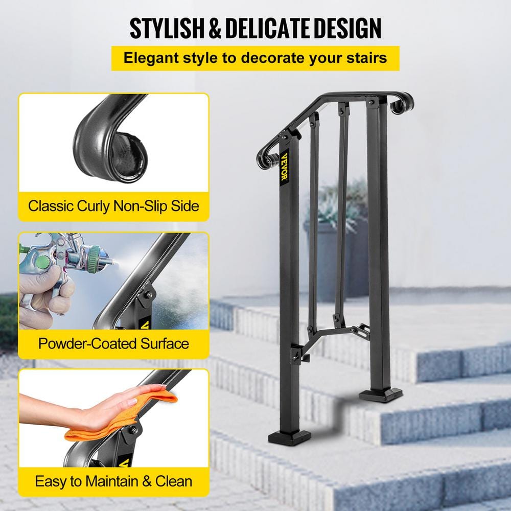 VEVOR 1 ft. Handrails for Outdoor Steps Fit 1 or 2 Steps Outdoor Stair Railing Wrought Iron Handrail with baluster, Black