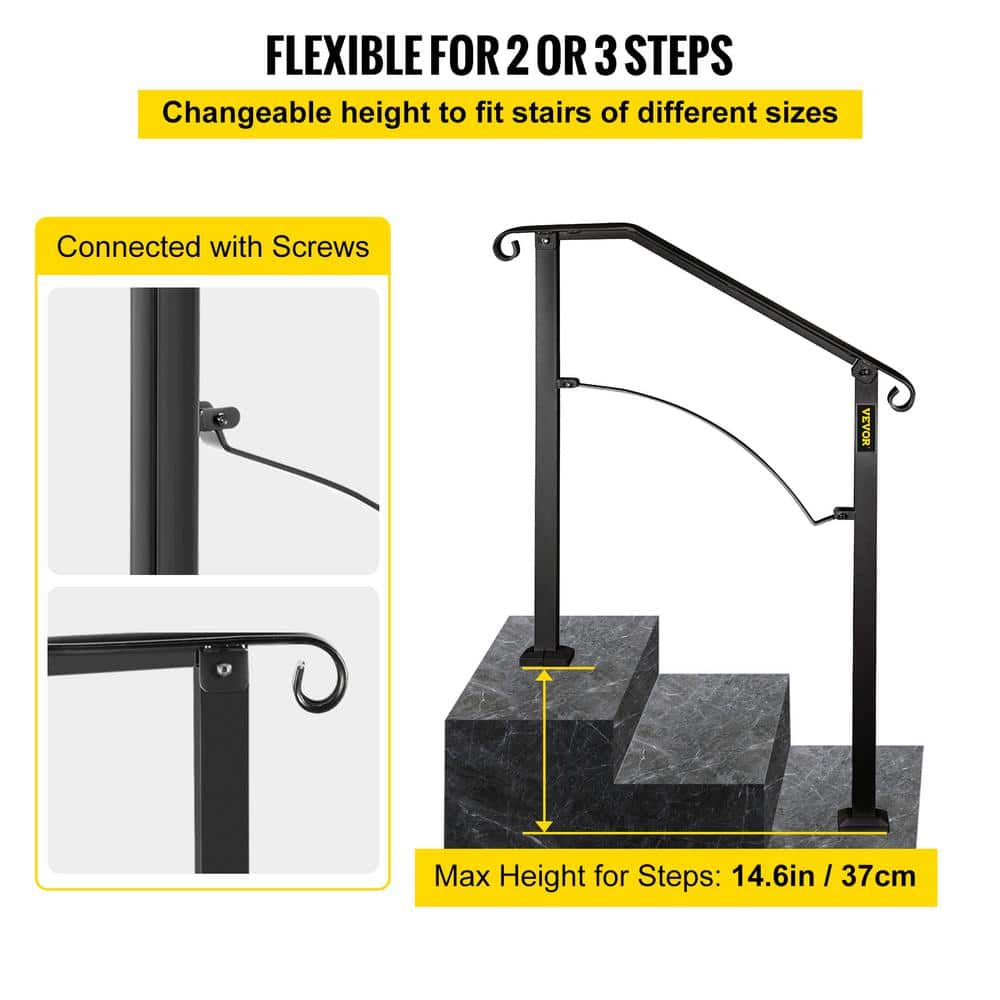 VEVOR 2 ft. Wrought Iron Handrail Fit 2 or 3 Steps Handrails for Outdoor Steps Flexible Porch Railing, Black
