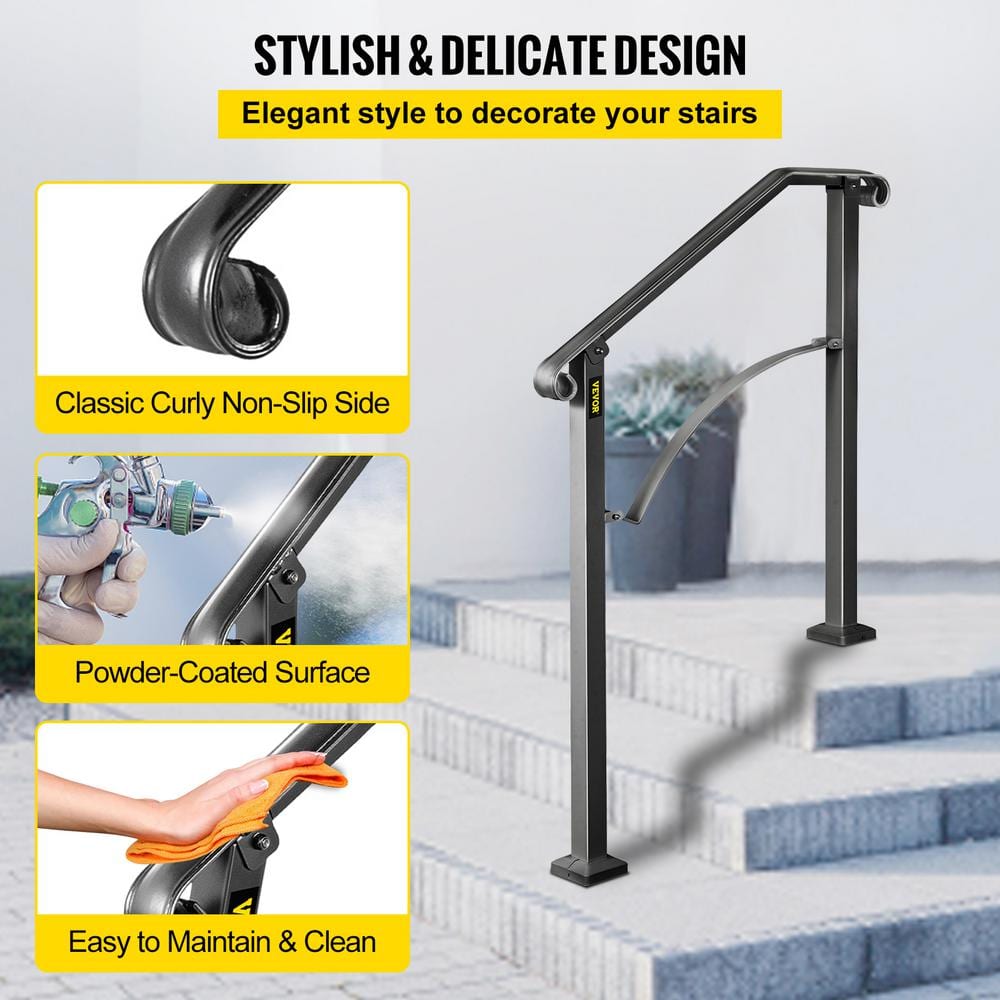VEVOR 2 ft. Wrought Iron Handrail Fit 2 or 3 Steps Handrails for Outdoor Steps Flexible Porch Railing, Black