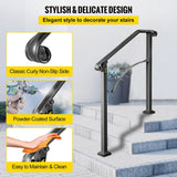 VEVOR 2 ft. Wrought Iron Handrail Fit 2 or 3 Steps Handrails for Outdoor Steps Flexible Porch Railing, Black