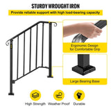 VEVOR 2 ft. Handrails for Outdoor Steps Fit 2 or 3 Steps Outdoor Stair Railing Wrought Iron Handrail with baluster, Black