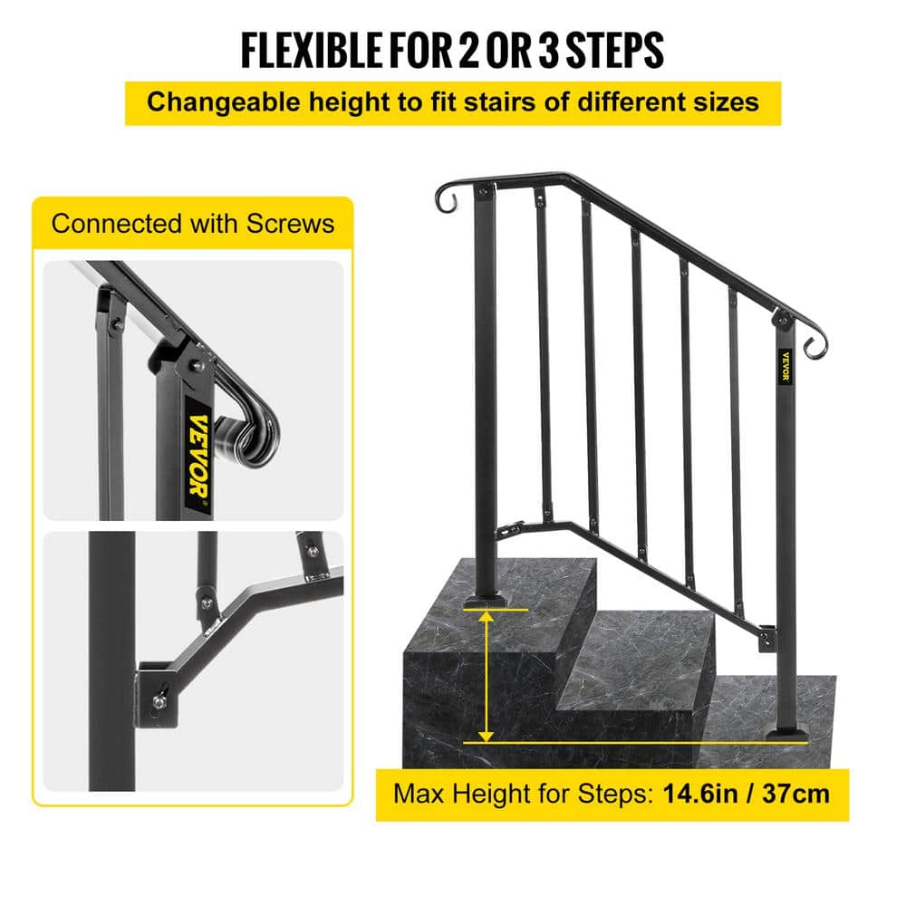 VEVOR 2 ft. Handrails for Outdoor Steps Fit 2 or 3 Steps Outdoor Stair Railing Wrought Iron Handrail with baluster, Black