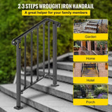 VEVOR 2 ft. Handrails for Outdoor Steps Fit 2 or 3 Steps Outdoor Stair Railing Wrought Iron Handrail with baluster, Black
