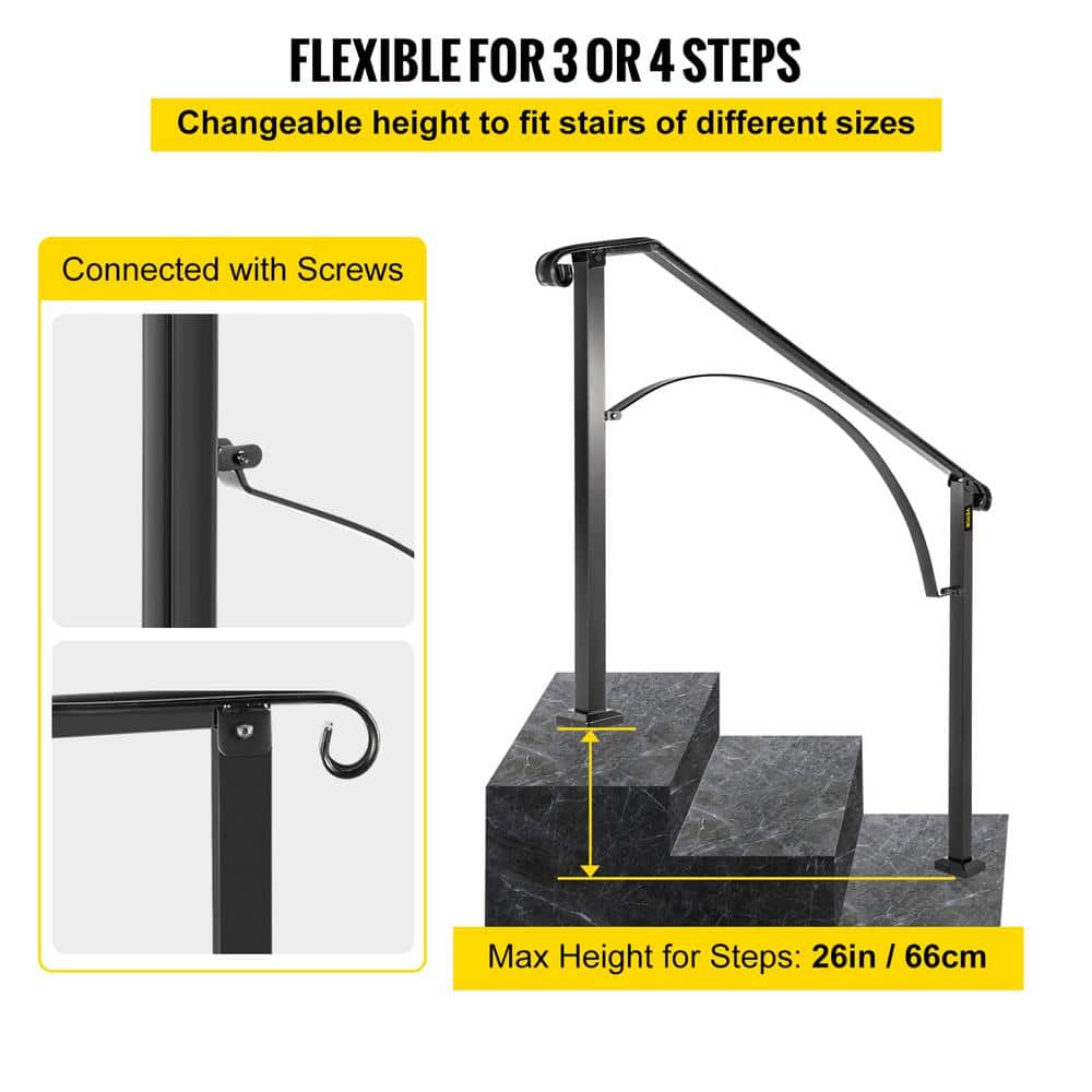 VEVOR 3 ft. Wrought Iron Handrail Fit 3 or 4 Steps Handrails for Outdoor Steps Flexible Porch Railing, Black