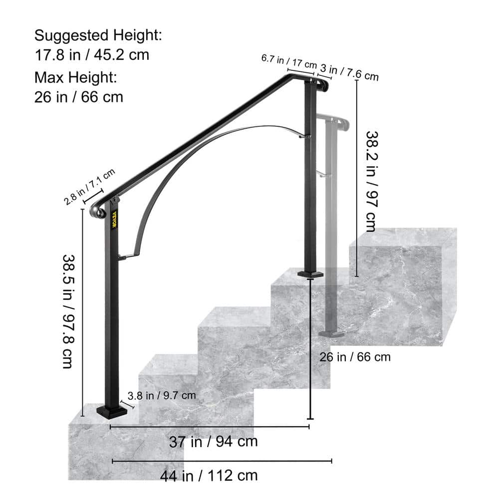 VEVOR 3 ft. Wrought Iron Handrail Fit 3 or 4 Steps Handrails for Outdoor Steps Flexible Porch Railing, Black