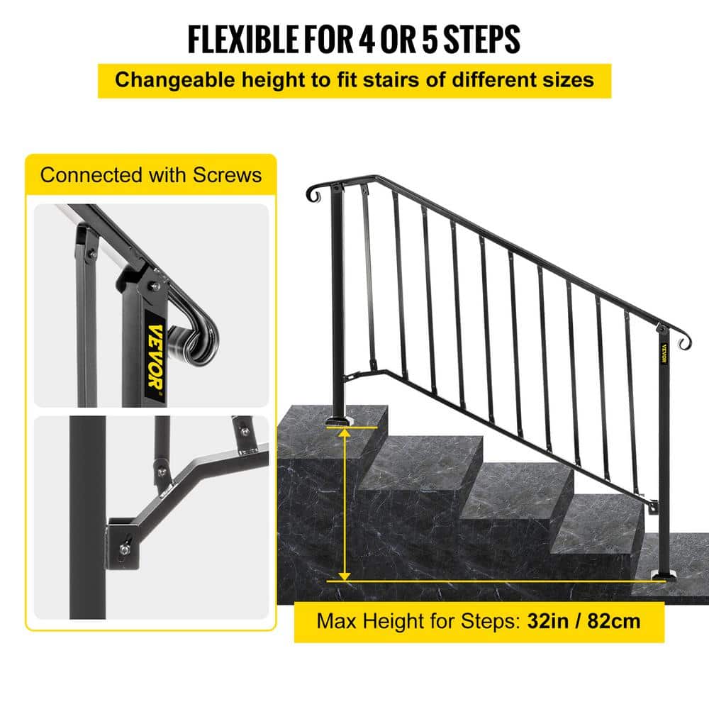 VEVOR 4 ft. Handrails for Outdoor Steps Fit 4 or 5 Steps Outdoor Stair Railing Wrought Iron Handrail with baluster, Black