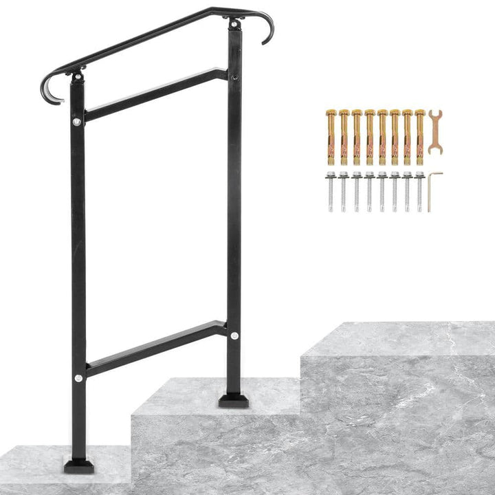 VEVOR Outdoor Stair Railing Fit 1 or 2 Steps Wrought Iron Handrail Adjustable Front Porch Hand Railings, Black