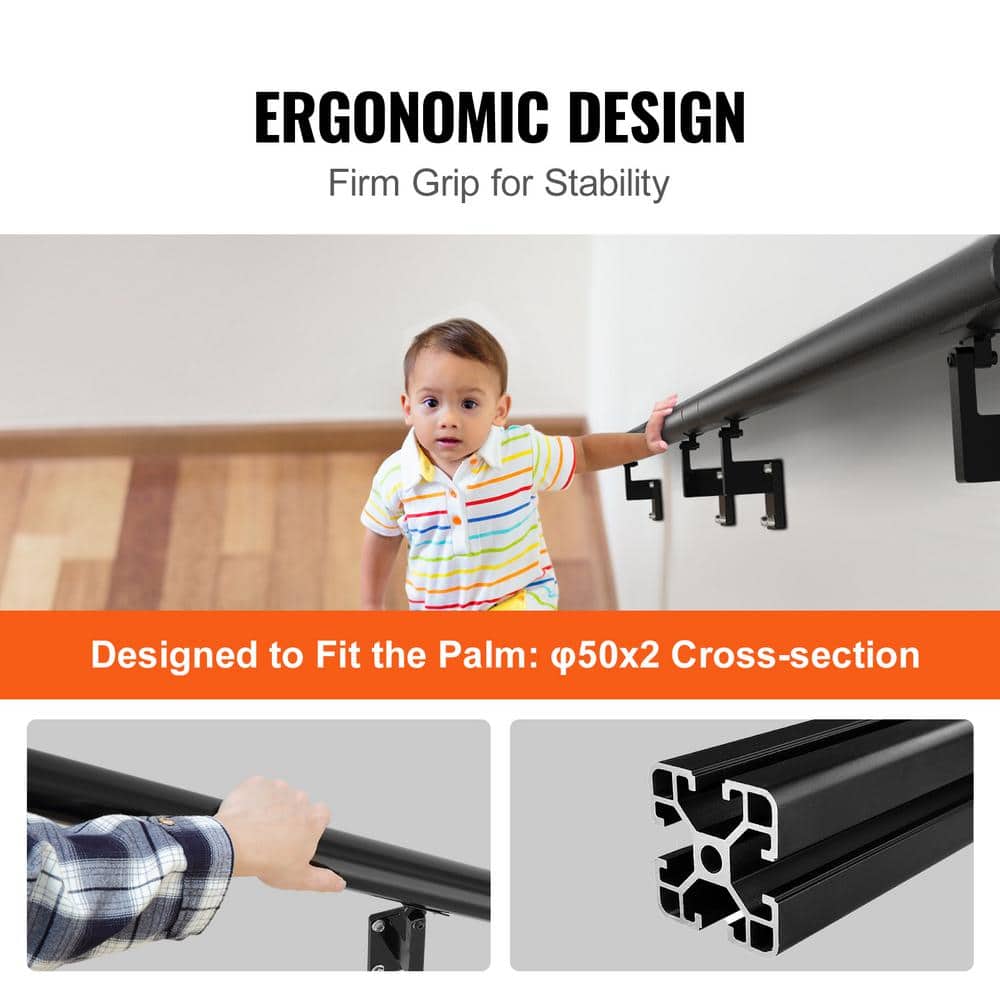 VEVOR Handrail Stair Railing 7 in. H x 84.6 in. W Wall Mount Handrails Black Aluminum Alloy handrails for indoor stairs