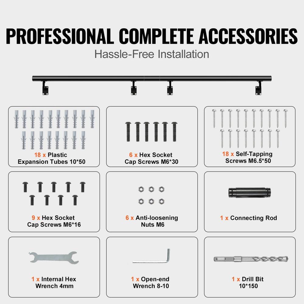 VEVOR Handrail Stair Railing 7 in. H x 84.6 in. W Wall Mount Handrails Black Aluminum Alloy handrails for indoor stairs
