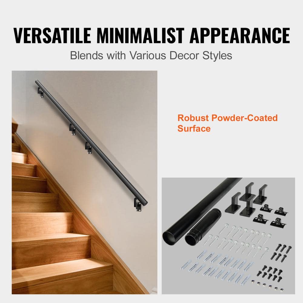 VEVOR Handrail Stair Railing 7 in. H x 84.6 in. W Wall Mount Handrails Black Aluminum Alloy handrails for indoor stairs