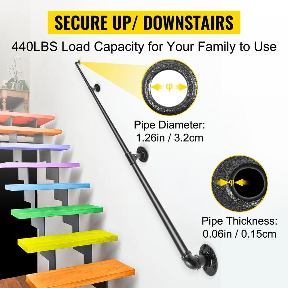 VEVOR 10 ft. Pipe Stair Handrail 440 lbs. Load Capacity Wall Mounted Handrail Round Corner Handrails for Outdoor Steps, Black