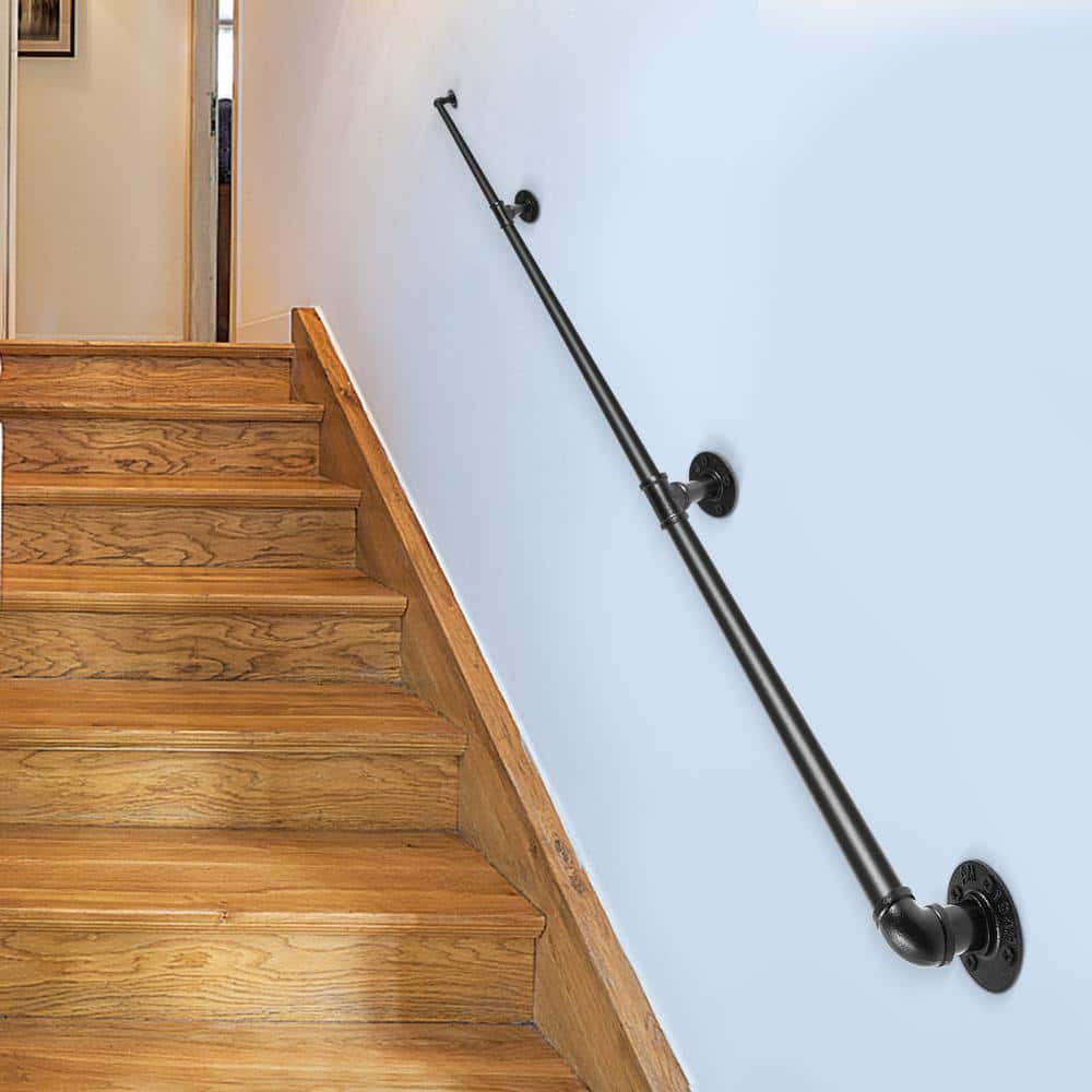 VEVOR 10 ft. Pipe Stair Handrail 440 lbs. Load Capacity Wall Mounted Handrail Round Corner Handrails for Outdoor Steps, Black