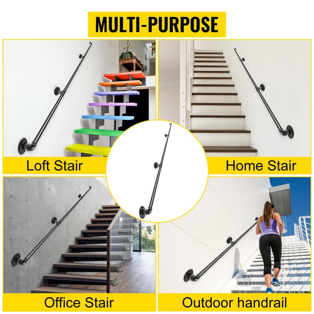 VEVOR 10 ft. Pipe Stair Handrail 440 lbs. Load Capacity Wall Mounted Handrail Round Corner Handrails for Outdoor Steps, Black