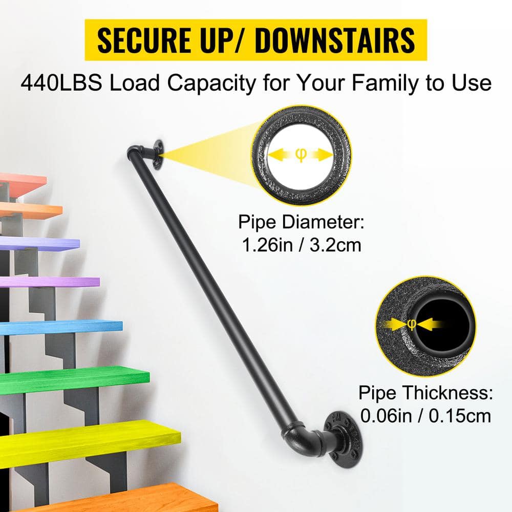 VEVOR 3 ft. Pipe Stair Handrail 440 lbs. Load Capacity Wall Mounted Handrail Round Corner Handrails for Outdoor Steps, Black