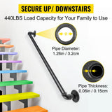 VEVOR 3 ft. Pipe Stair Handrail 440 lbs. Load Capacity Wall Mounted Handrail Round Corner Handrails for Outdoor Steps, Black