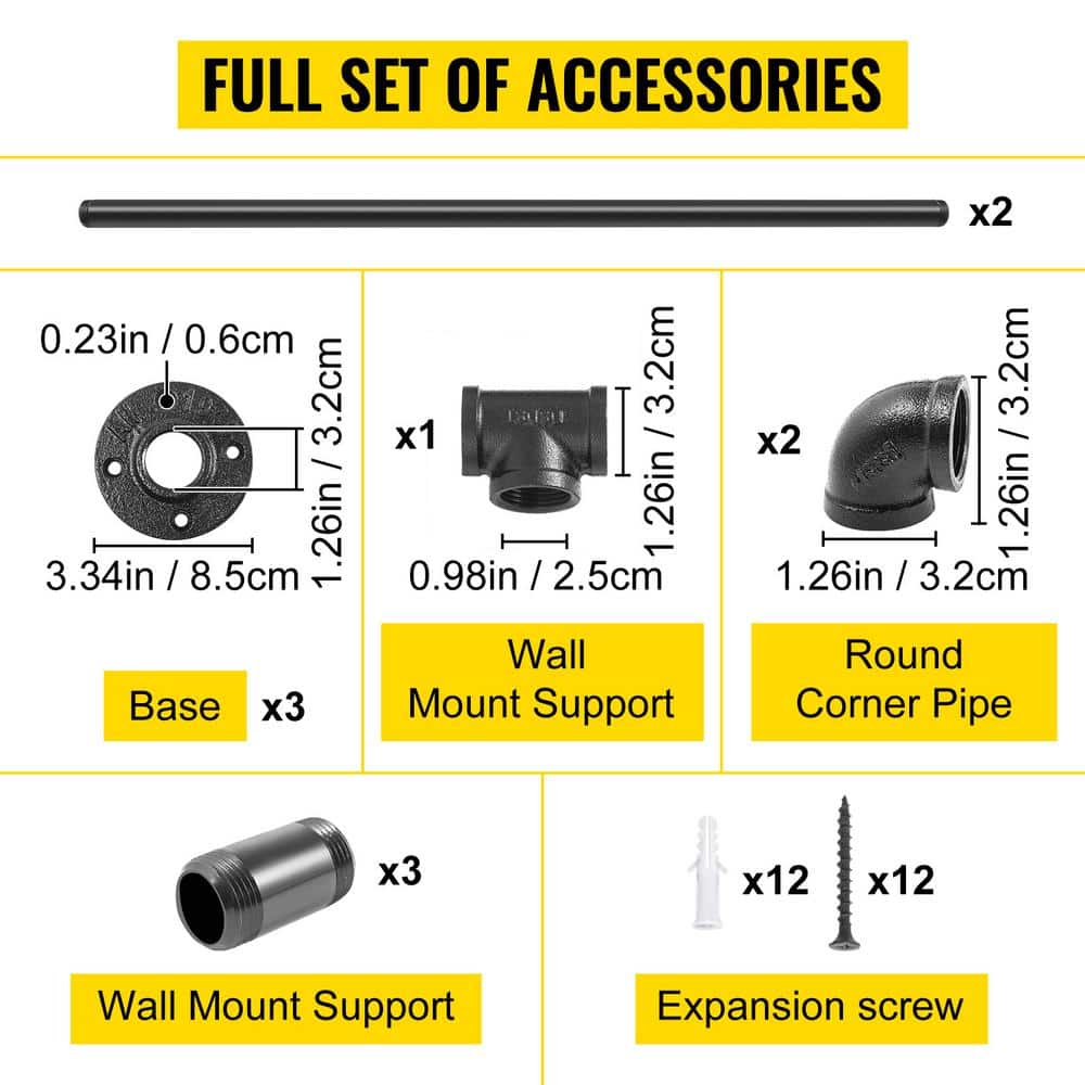 VEVOR 6 ft. Pipe Stair Handrail 440 lbs. Load Capacity Wall Mounted Handrail Round Corner Handrails for Outdoor Steps in Black