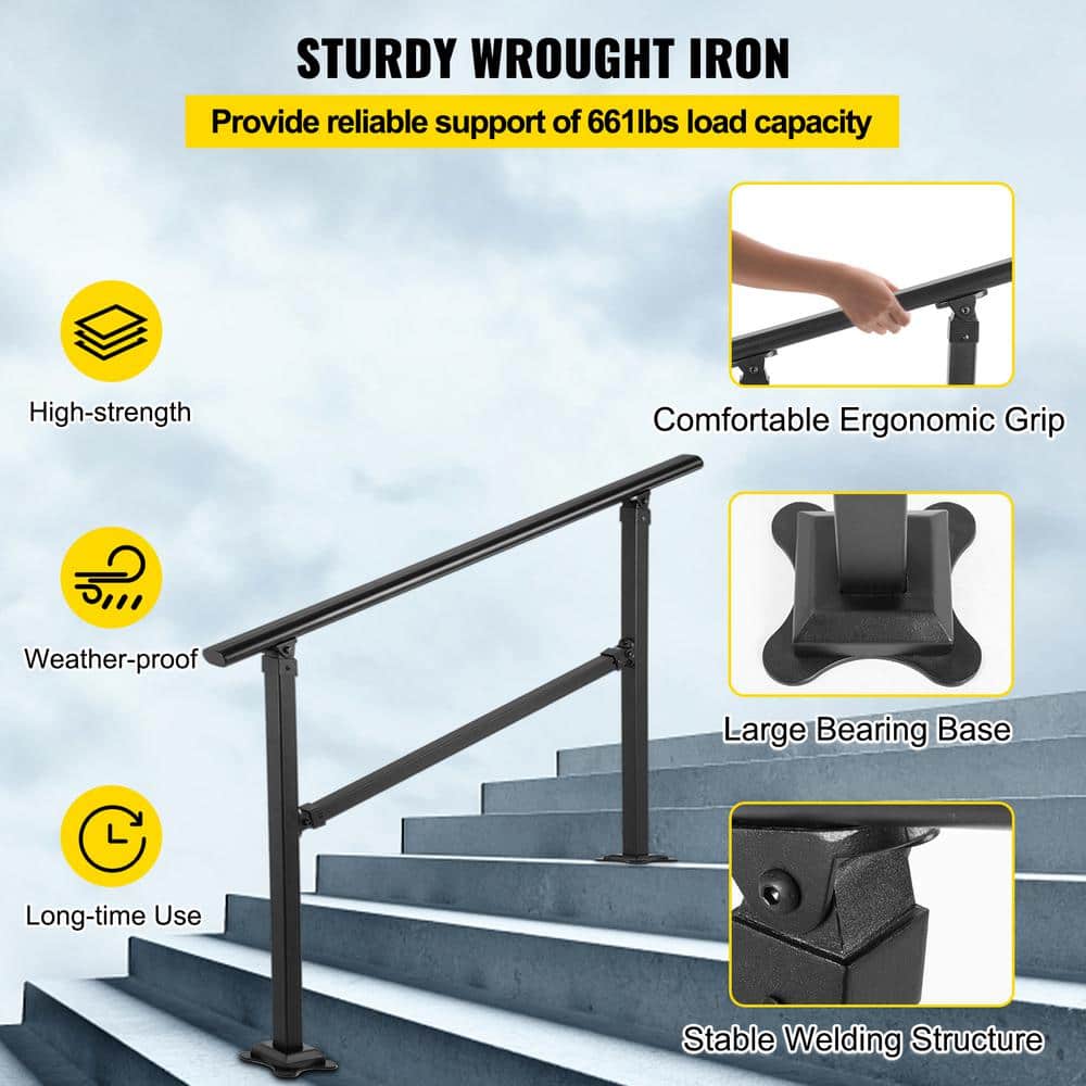 VEVOR Outdoor Stair Railing Fits for 1 to 3 Steps Transitional Wrought Iron Handrail Adjustable Exterior Stair Railing
