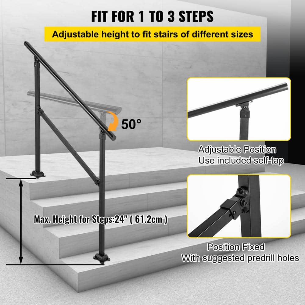 VEVOR Outdoor Stair Railing Fits for 1 to 3 Steps Transitional Wrought Iron Handrail Adjustable Exterior Stair Railing