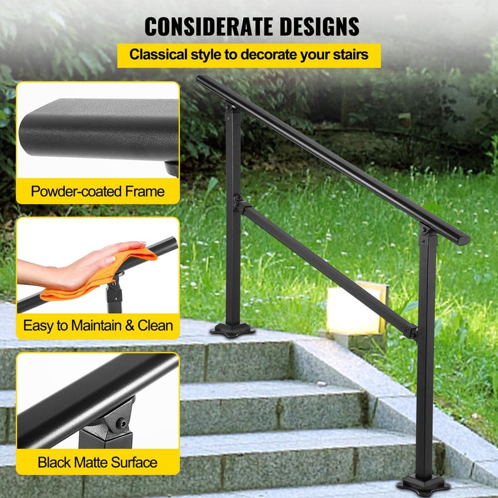 VEVOR Outdoor Stair Railing Fits for 1 to 3 Steps Transitional Wrought Iron Handrail Adjustable Exterior Stair Railing