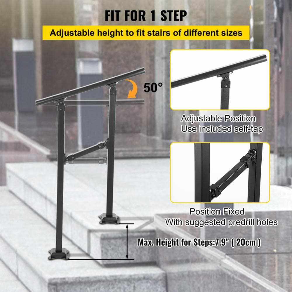 VEVOR Outdoor Stair Railing Fits for 1 Step Transitional Wrought Iron Handrail Adjustable Exterior Stair Railing