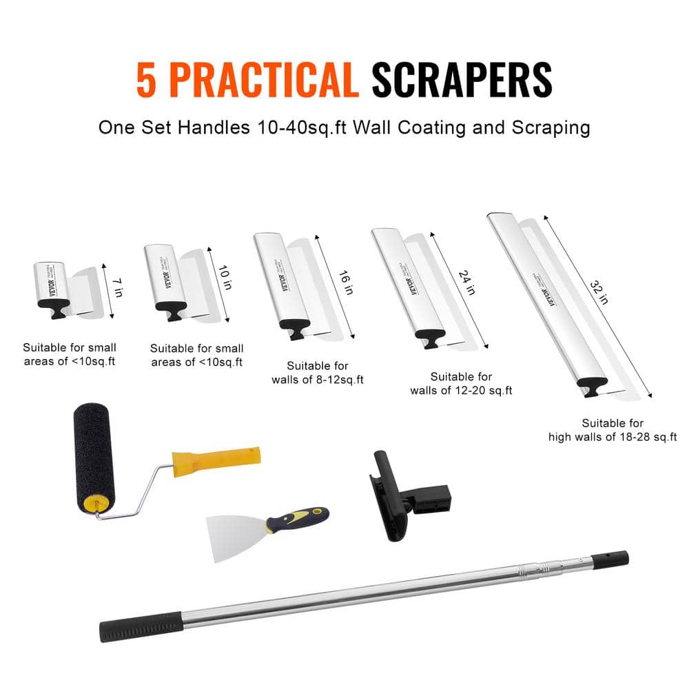 VEVOR Drywall Skimming Blade Set 7 in./10 in./14 in./16 in./24 in. Skimming Blades with 34 in. - 81 in. Extension Handle Pole