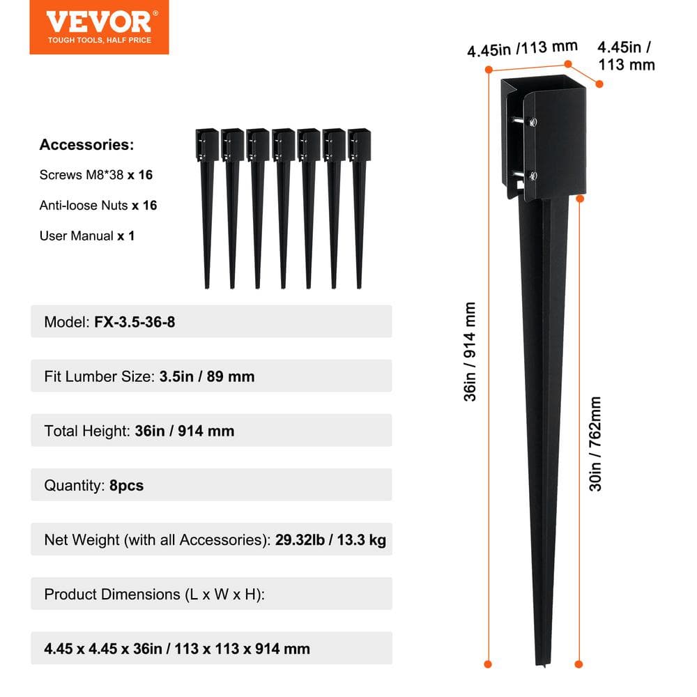 VEVOR Fence Post Anchor Ground Spike 8-Pack 36 in. x 4 in. x 4 in. Outer Diameter Metal Black Powder Coated Post Stake Ground.