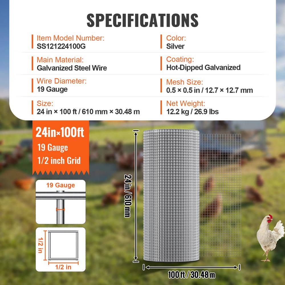 VEVOR Hardware Cloth 1/2 in. x 2 ft. x 100 ft. 19-Gauge Hardware Cloth Galvanized Wire Mesh Roll Chicken Wire Fencing Wire