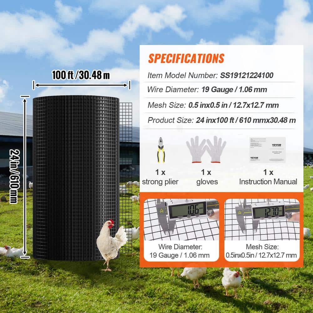 VEVOR Hardware Cloth 24 in. x 100 ft. Galvanized Wire Mesh Roll 19 Gauge Chicken Wire Fence Roll