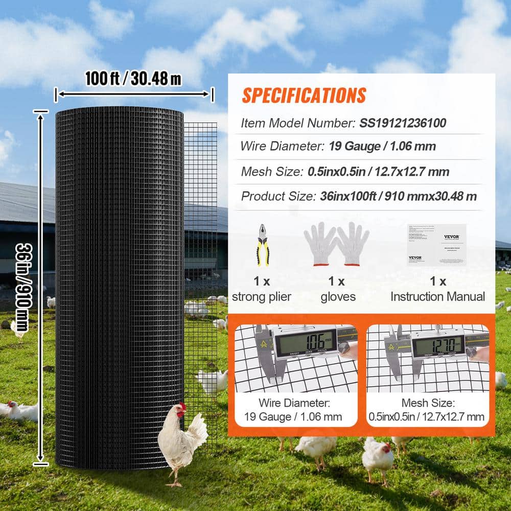 VEVOR Hardware Cloth 36 in. x 100 ft. Galvanized Wire Mesh Roll 19 Gauge Chicken Wire Fence Roll