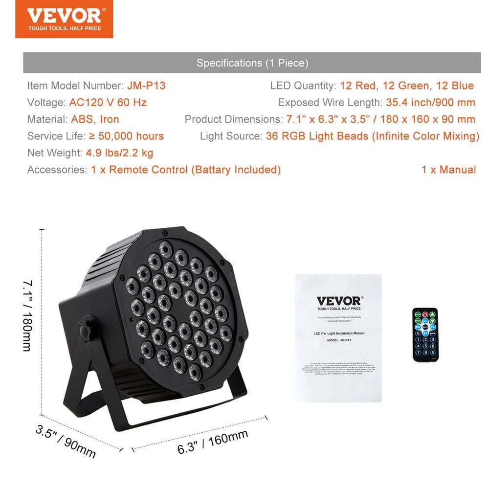 VEVOR 36LED RGB Stage Light PAR20 8-Watt 4000K Light 7-Mode DMX Beam Disco Light 1 Bulb Included Indoor (4-Pack)