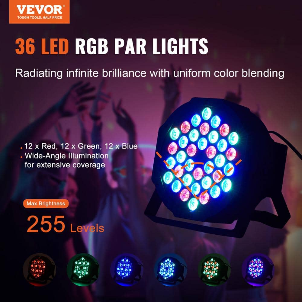 VEVOR 36LED RGB Stage Light PAR20 8-Watt 4000K Light 7-Mode DMX Beam Disco Light 1 Bulb Included Indoor (4-Pack)