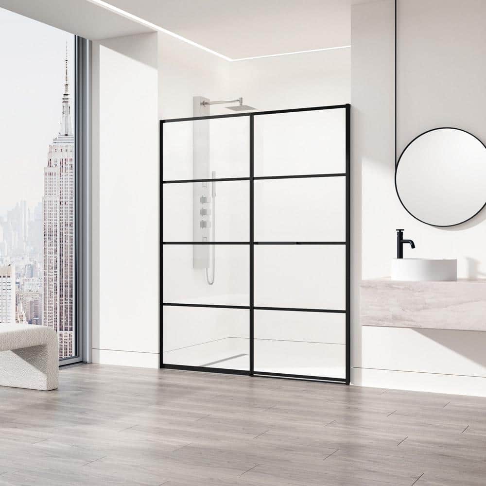 VIGO Meridian 59 1/2 to 60 in. W x 74 in. H Hinged Shower Door in Matte Black and Clear Grid Glass