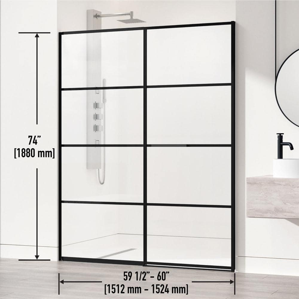 VIGO Meridian 59 1/2 to 60 in. W x 74 in. H Hinged Shower Door in Matte Black and Clear Grid Glass