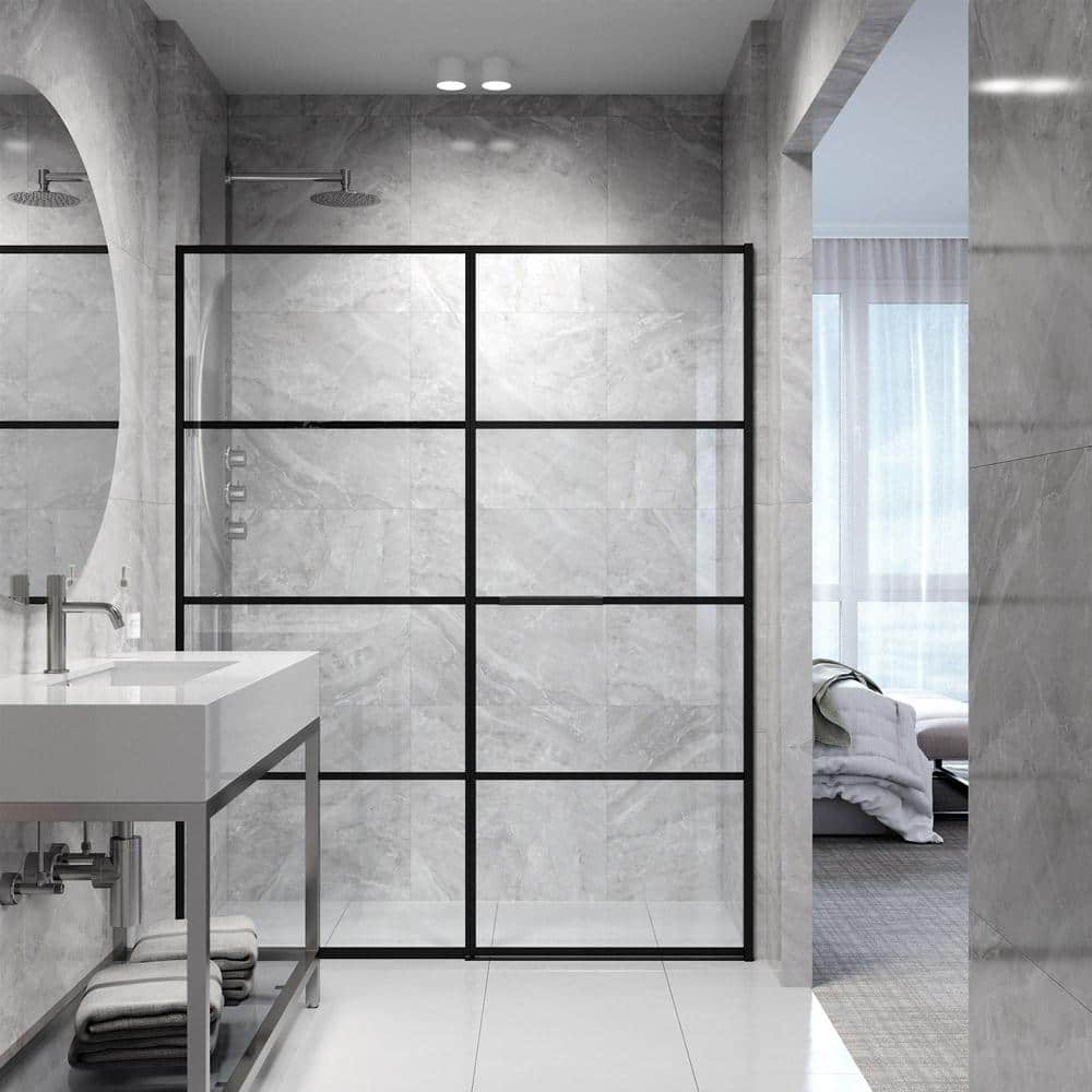 VIGO Meridian 59 1/2 to 60 in. W x 74 in. H Hinged Shower Door in Matte Black and Clear Grid Glass