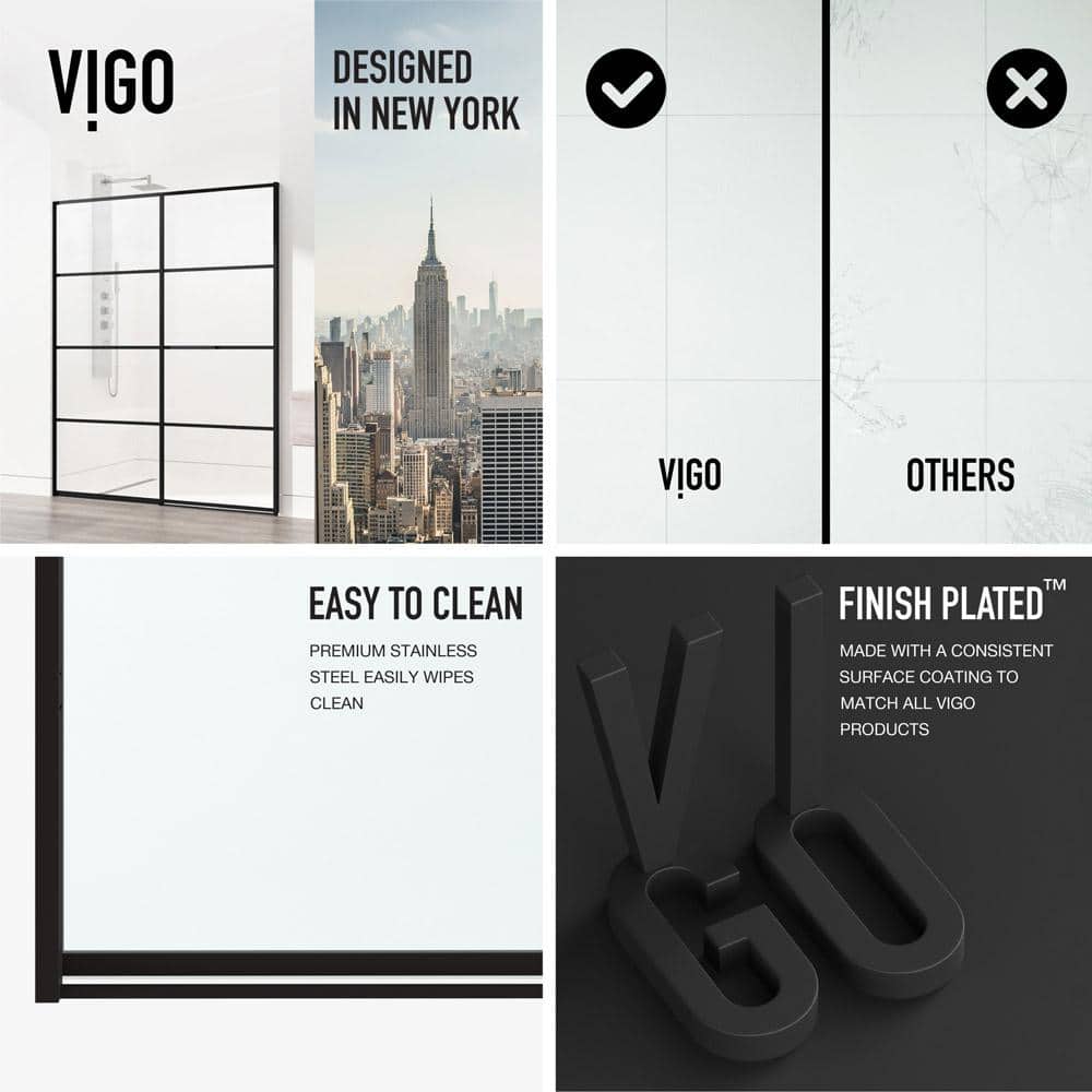 VIGO Meridian 59 1/2 to 60 in. W x 74 in. H Hinged Shower Door in Matte Black and Clear Grid Glass