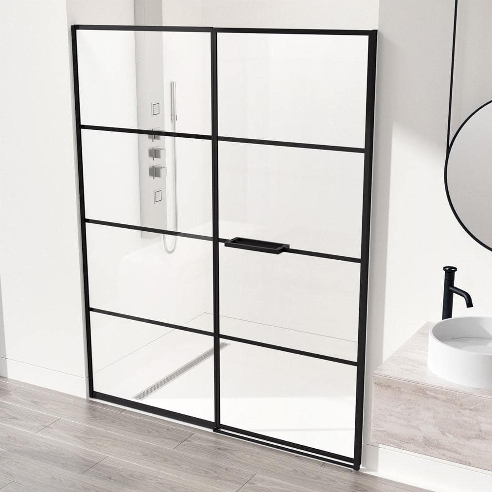 VIGO Meridian 59 1/2 to 60 in. W x 74 in. H Hinged Shower Door in Matte Black and Clear Grid Glass