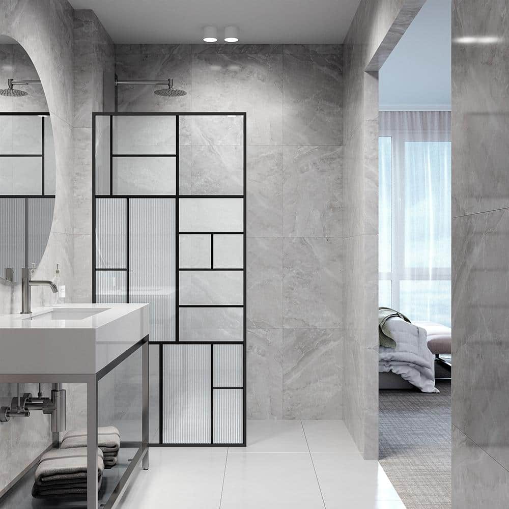 VIGO Meridian 34 in W x 74 in H Framed Shower Screen in Matte Black with Mixed Clear Grid, Privacy, and Fluto White Glass