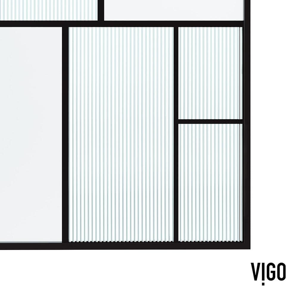 VIGO Meridian 34 in W x 74 in H Framed Shower Screen in Matte Black with Mixed Clear Grid, Privacy, and Fluto White Glass