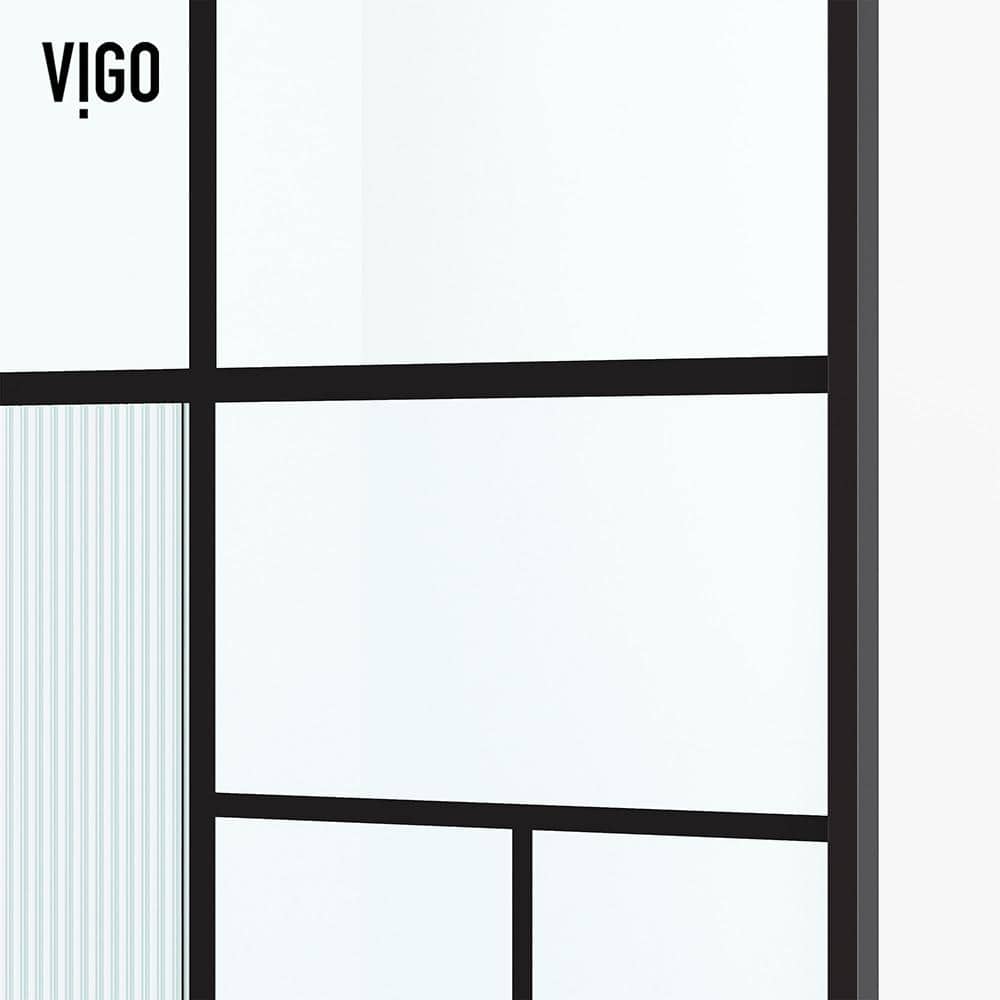 VIGO Meridian 34 in W x 74 in H Framed Shower Screen in Matte Black with Mixed Clear Grid, Privacy, and Fluto White Glass