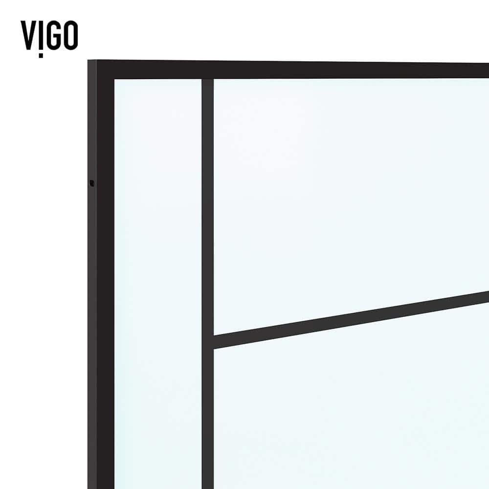 VIGO Meridian 34 in W x 74 in H Framed Shower Screen in Matte Black with Mixed Clear Grid, Privacy, and Fluto White Glass