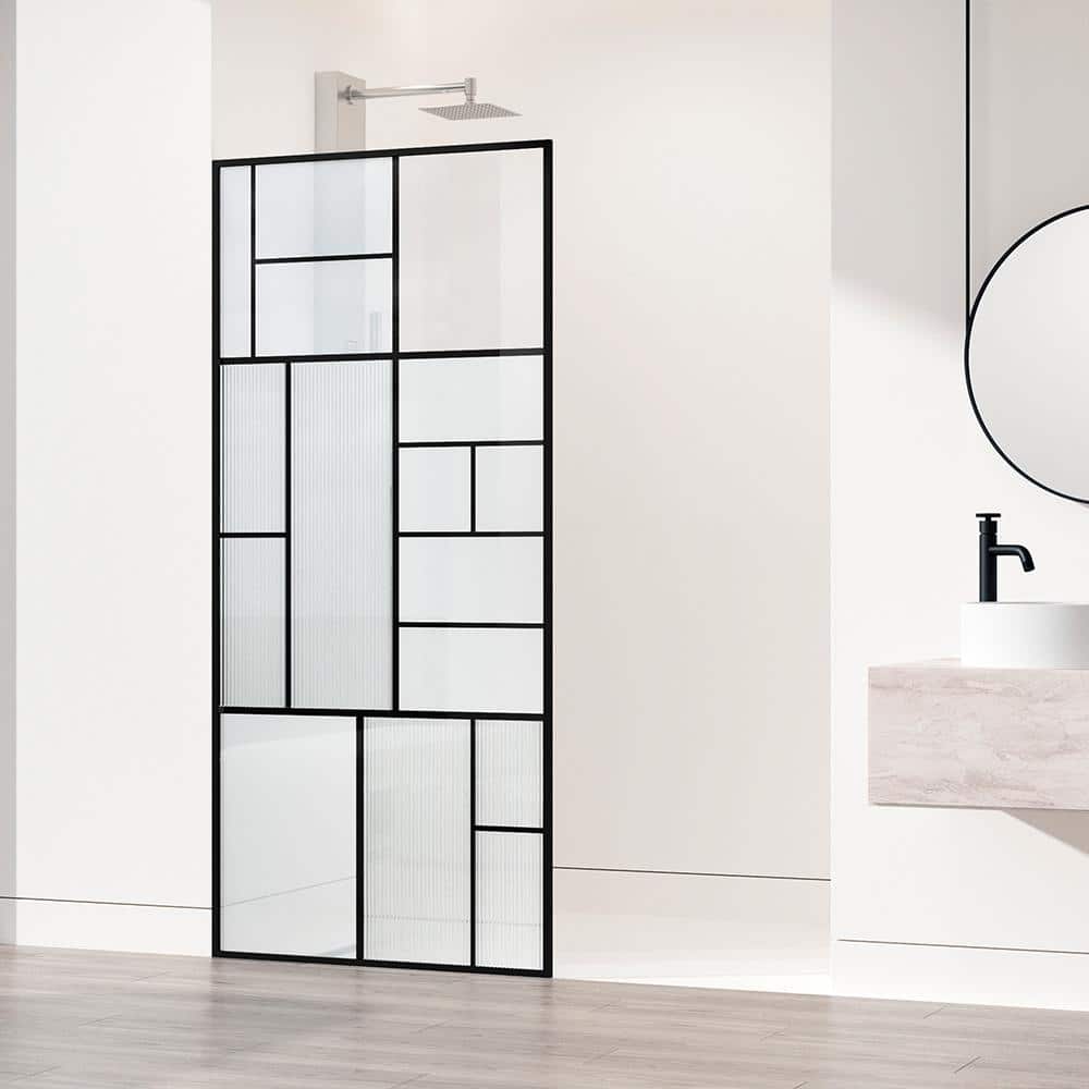 VIGO Meridian 34 in W x 74 in H Framed Shower Screen in Matte Black with Mixed Clear Grid, Privacy, and Fluto White Glass