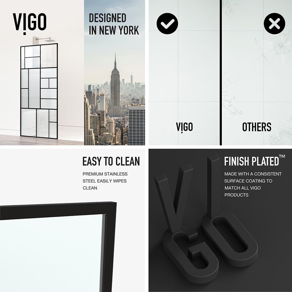VIGO Meridian 34 in W x 74 in H Framed Shower Screen in Matte Black with Mixed Clear Grid, Privacy, and Fluto White Glass