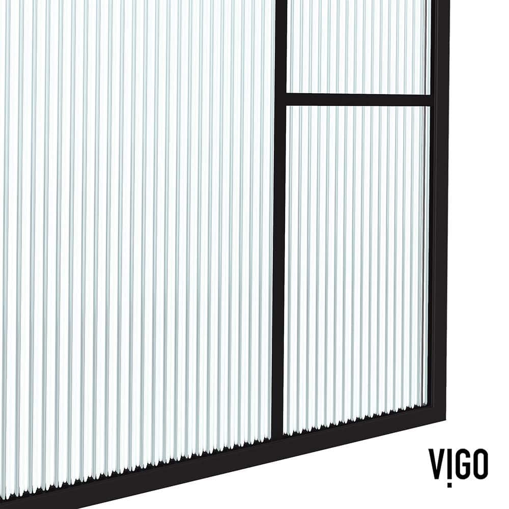 VIGO Meridian 34 in W x 74 in H Framed Shower Screen in Matte Black with Mixed Clear Grid, Privacy, and Fluto White Glass