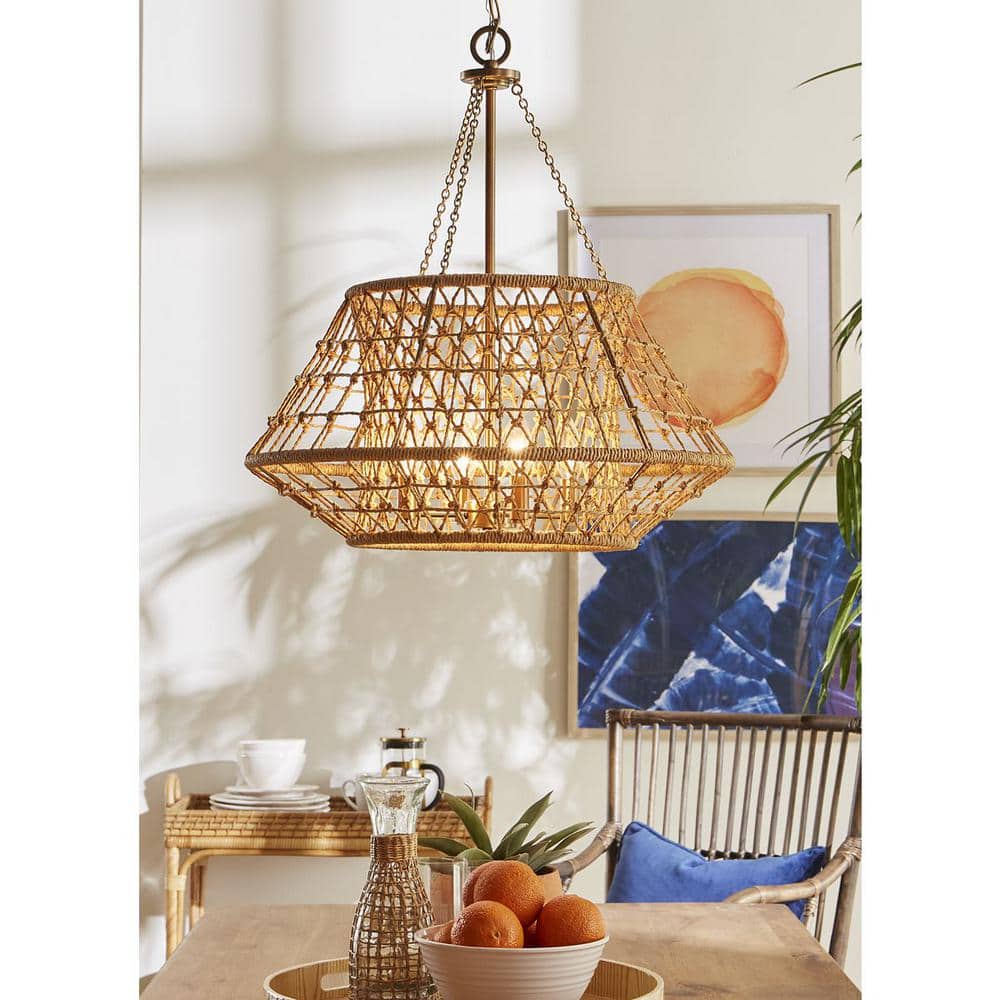 Progress Lighting Laila Collection 22.37 in. 4-Light Vintage Brass Chandelier with Woven Jute Accents