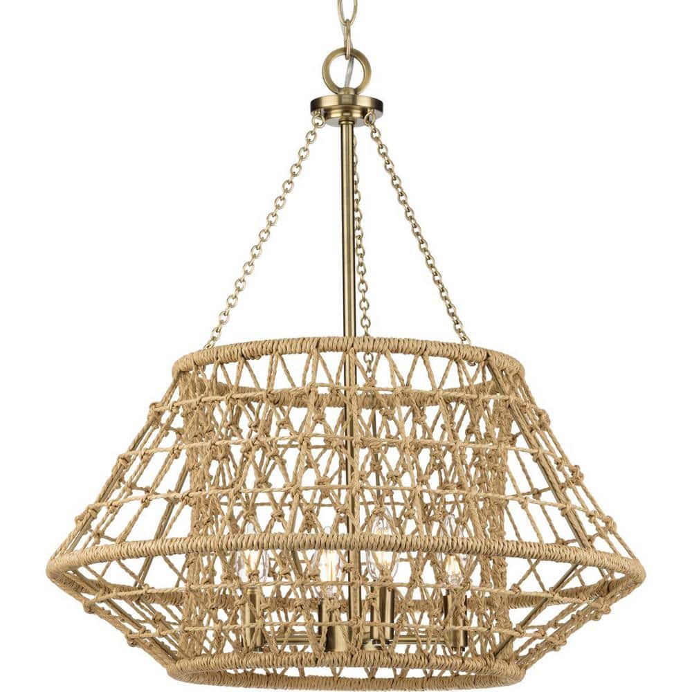 Progress Lighting Laila Collection 22.37 in. 4-Light Vintage Brass Chandelier with Woven Jute Accents