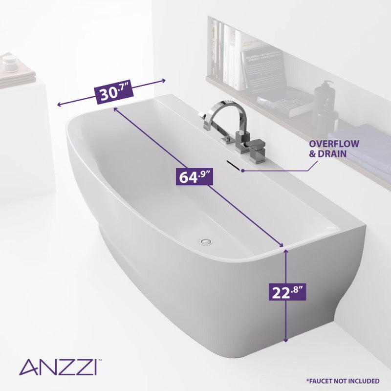 ANZZI Bank 65 in. L x 31 in. W Acrylic Flatbottom Freestanding Non-Whirlpool Bathtub with Deck-Mounted Faucet Platform, Glossy White