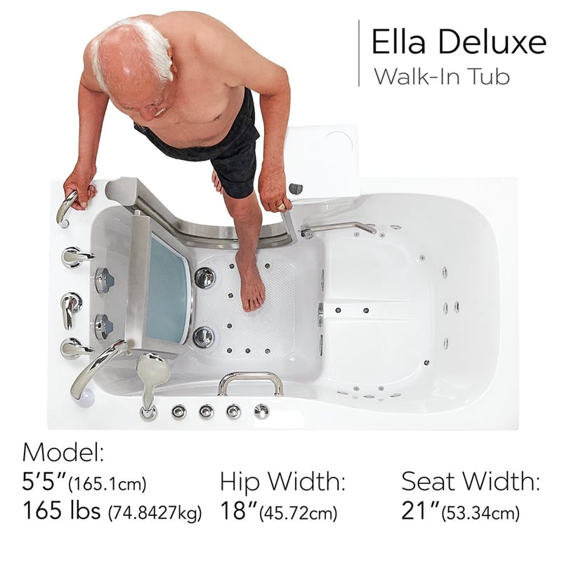 Ella Deluxe 55 in. Walk-In Whirlpool and Air Bath Tub, White, Fast-Fill Faucet, Digital Control, Right-Hand 2 in. Dual Drain
