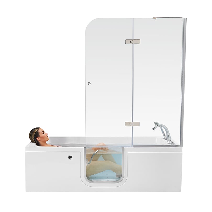 Laydown 72 in. Walk‑In Whirlpool Bathtub in White with 5‑Piece Fast‑Fill Faucet, RHS Drain, Right‑Hinged Middle Glass Door