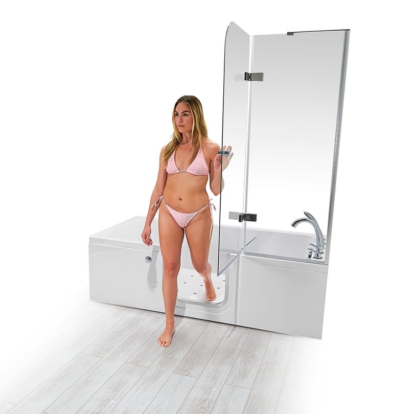 Ella Laydown 72 in. Walk-In Whirlpool Bathtub, White, LH Hinged Middle Glass Door with Screen, 5-Piece Fast-Fill Faucet, Left-Hand Drain