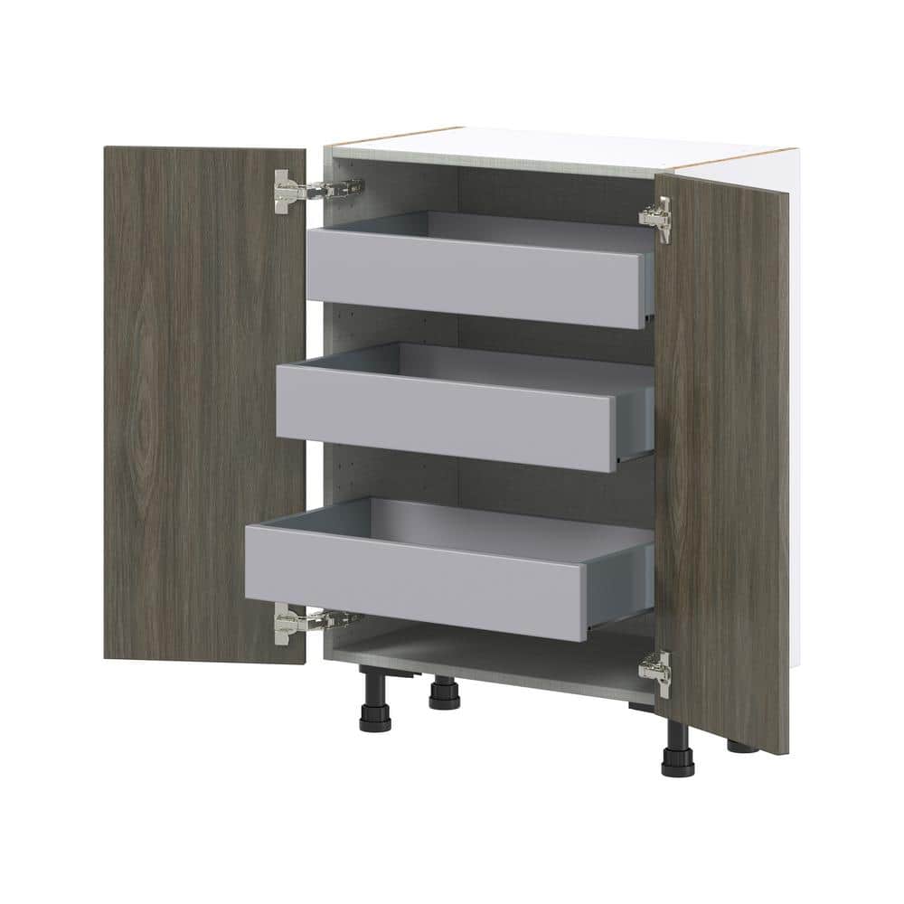 J COLLECTION 24 in. W x 34.5 in. H x 14 in. D Medora textured Slab Walnut Assembled Shallow Base Kitchen Cabinet with Inner Drawers